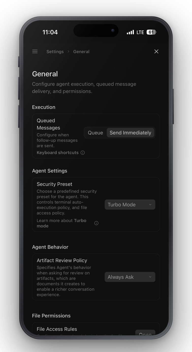 Antigravity settings on a phone