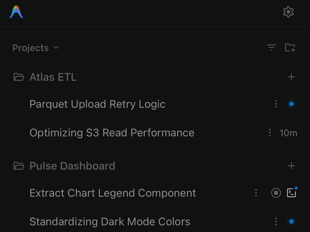 The same list through agy-server: a new-conversation button on every project and a kebab menu on every row